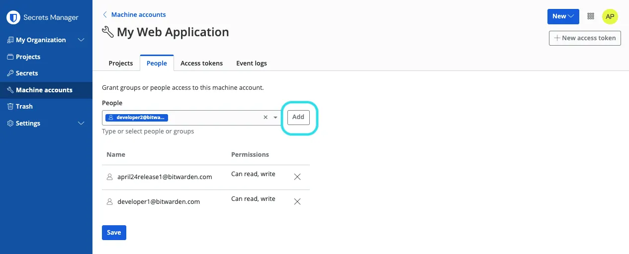 Add people to a machine account