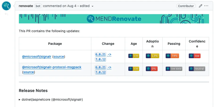 Screenshot of a Renovate PR
